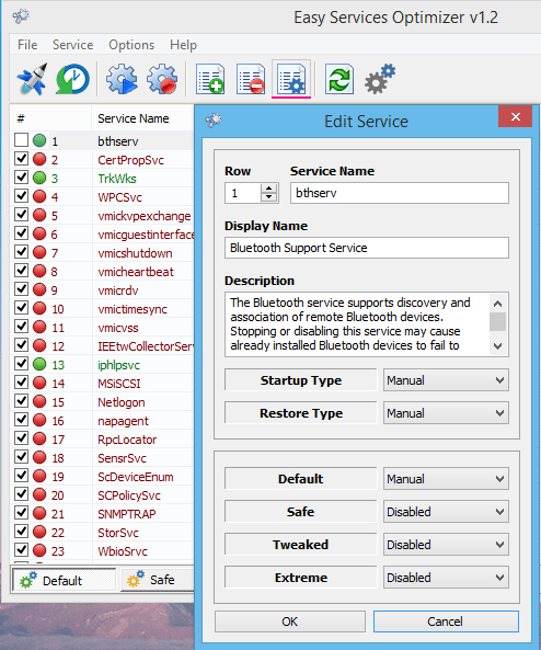 Easy Service Optimizer Edit Service dialog with startup, restore, and state controls