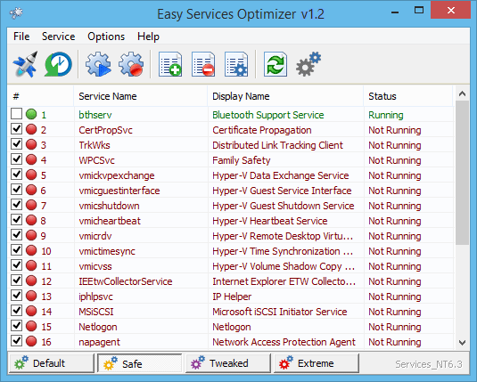 Easy Service Optimizer main window showing Default, Safe, Tweaked, and Extreme presets with the service list