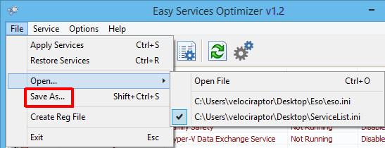Easy Service Optimizer File menu with Open, Save As, Create Reg File, and recent service list files